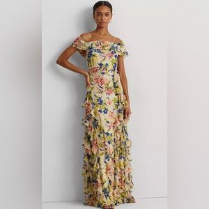 Ralph Lauren Floral Ruffle Georgette Off the Shoulder Gown NWT Size 16